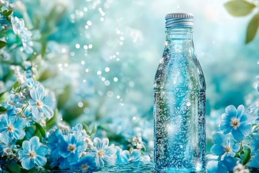 A transparent glass bottle filled with sparkling mineral water, decorated by light blue flowers, set against a background of natural scenery. AI generated
