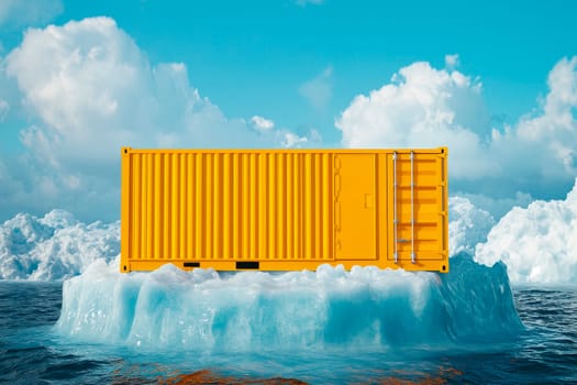 An yellow shipping container as temporary home on a melting iceberg, live in the wild concept. AI generated