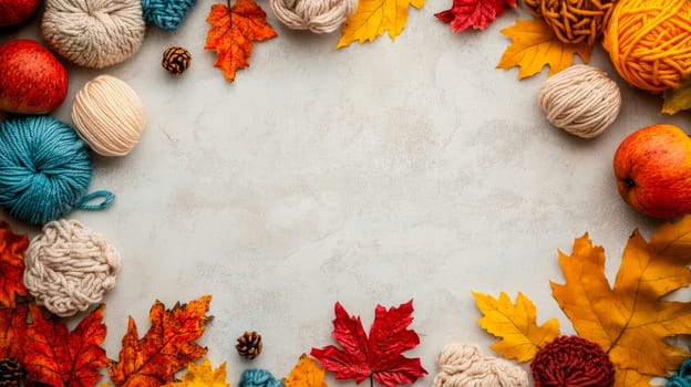 Top view of autumn composition with thread balls and beautiful leaves on light beige concrete background. Copy space. AI generated