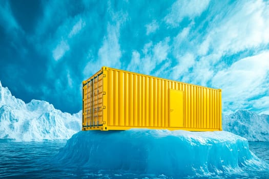 An yellow shipping container as temporary home on a melting iceberg, live in the wild concept. AI generated