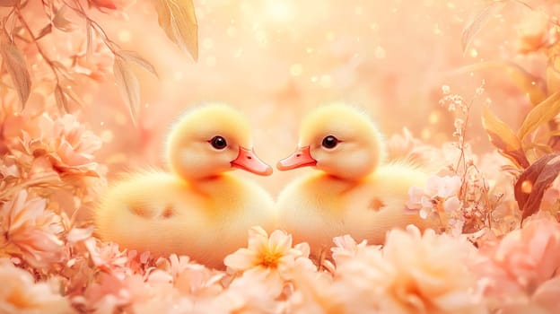 Two cute little yellow ducklings sitting in a summer flowers field . AI generated