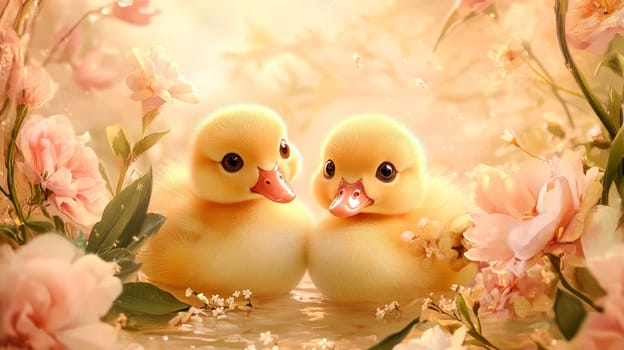 Two cute little yellow ducklings swimming in a pond water with summer flowers background. AI generated