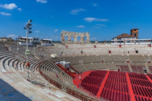 Verona, Italy: July 27, 2024: Preparation for opera show in the arena of Verona. The Verona Arena is a Roman amphitheatre