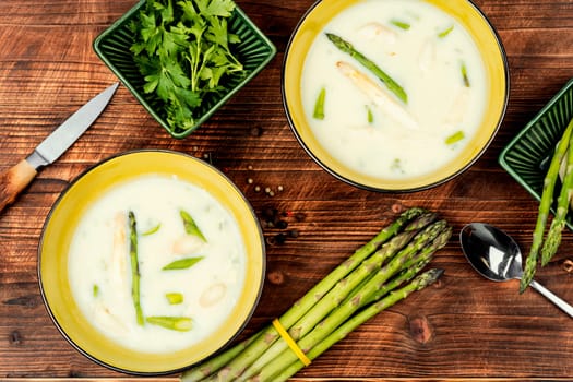 Soup with white and green asparagus. Vegan, healthy food