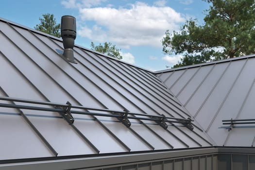 Close-up house retro roof panel with standing seam and fasteners. Classic style black metal panel with rebate joint. Modern galvanized steel roofing sheet with ribs. Falz roofing. Building's covering