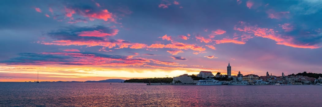 Beautiful Island Rab in Croatia. Townscape panorama over sunset. popular tourist destination