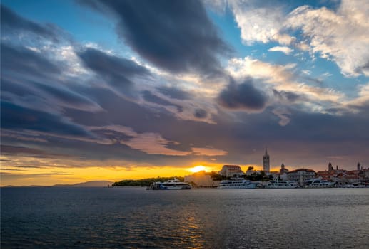 Beautiful Island Rab in Croatia. Townscape panorama over sunset. popular tourist destination