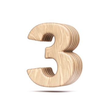 Plywood font Number 3 THREE 3D rendering illustration isolated on white background