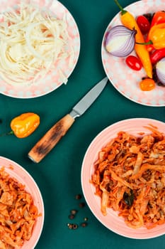 Appetizing stewed cabbage on a plate. German cuisine. Rustic style.