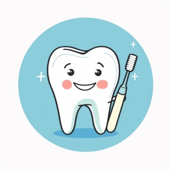 Smiling tooth with toothbrush in hand surrounded by sparkles, background, AI Generated