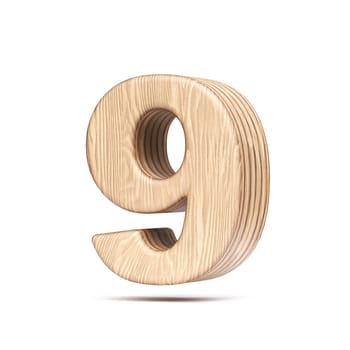 Plywood font Number 9 NINE 3D rendering illustration isolated on white background
