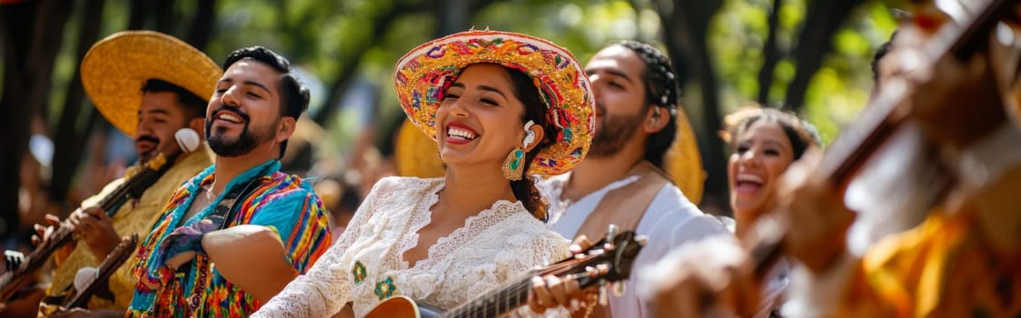 Festive street scene with smiling people in traditional Mexican clothing singing and dancing, AI generated