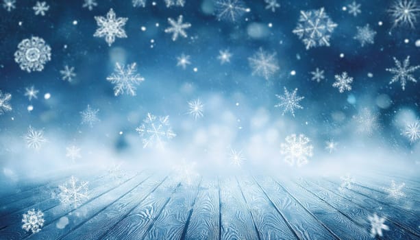 Christmas background with snowflakes and bokeh lights. Festive winter background. AI generated