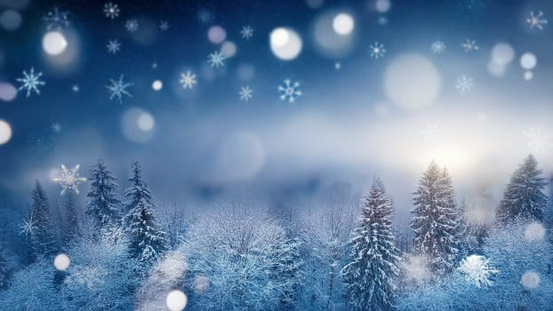 Winter landscape with snow covered trees and falling snowflakes. Christmas background. AI generated