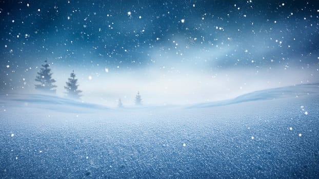 Winter landscape with snow covered trees and falling snowflakes. Christmas background. AI generated
