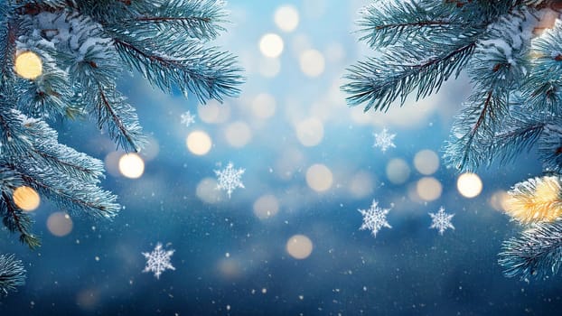 Winter background, falling snow on pine tree branches copy space, Christmas holiday background. AI generated