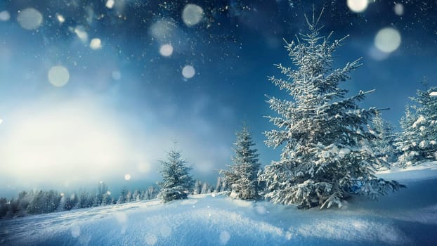 Winter landscape with snow covered trees and falling snowflakes. Christmas background. AI generated