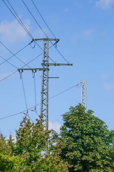 Power line, power poles, railroad system, blue sky, Germany