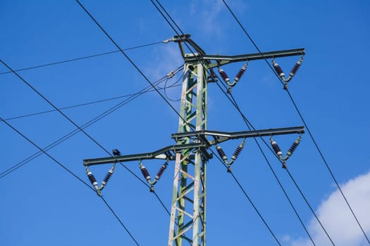 Power line, power poles, railroad system, blue sky, Germany