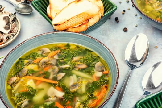 Fresh vegetarian soup filled with mushrooms, spinach with croutons on a table. Top view.