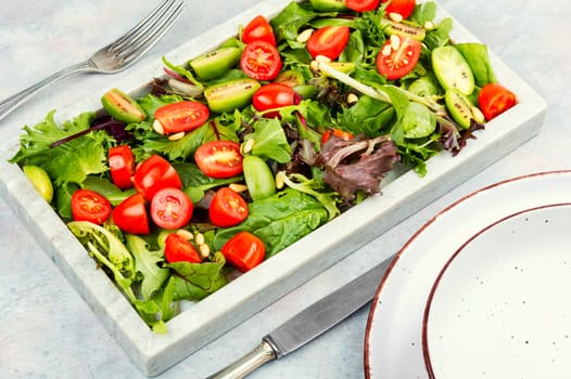 Tasty salad with tomatoes, different lettuce and pine nuts. Concept for a healthy food. Free space for your text.