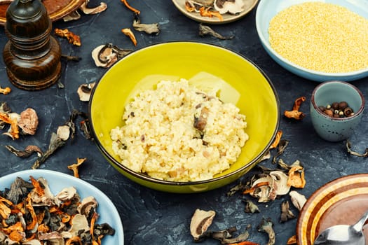 Millet porridge with mushrooms in a bowl on a rustic wooden background. Healthy food.