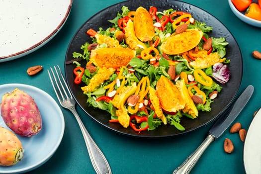 Healthy salad of prickly pear cactus fruits or cactus salad.