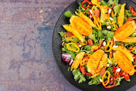 Cactus salad with sliced opuntia or prickly pear, peppers, almonds and fresh herbs, served in plate. Flat lay