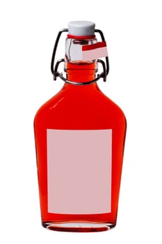 Small rounded transparent reuseable swing top bottle with red alcohol, softdrink or other with empty label for your design. Clipping path. Isolated on white.