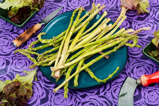 Green raw and fresh asparagus on the kitchen table.
