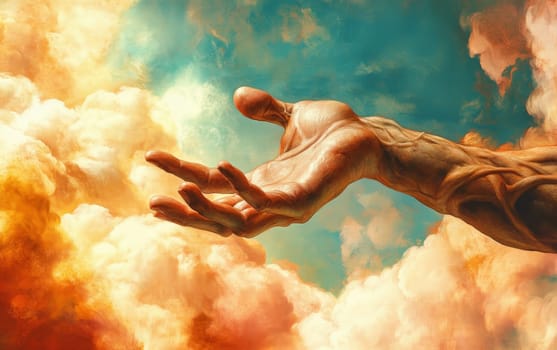 A powerful outstretched hand emerges from golden and turquoise clouds, offering guidance or benediction in a dramatic celestial scene.