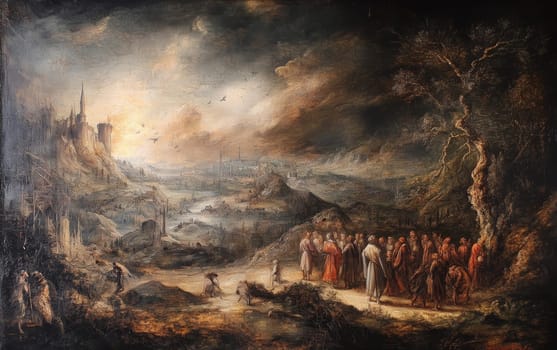 A somber painting depicting a barren landscape with a distant city, dark stormy skies, and a group of figures in the foreground, suggesting an apocalyptic scene.