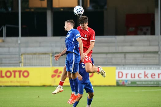 Header duel vs. Rico Wehrle (Bahlinger SC /BSC) and Karl Steinmann (SC Freiburg II / U23) in the match of the Football RL SW 24-25: 9.