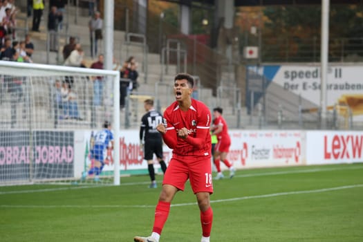 Yann Sturm (SC Freiburg II / U23) celebrates Marco Wörner's goal to make it 1-0 (SC Freiburg II / U23)  in the match of the Football RL SW 24-25: 9. Sptg: SC Freiburg II vs Bahlinger SC