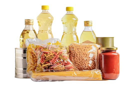 Foodstuffs in donation box isolated on white background for volunteer to help people.
