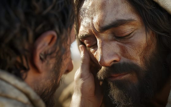 Jesus Christ gently touches the eyes of a man, illustrating the biblical miracle of healing the blind, captured in intimate detail with warm lighting.