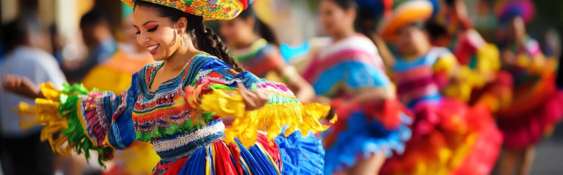 Woman in colorful traditional dress dancing at a latin american street festival, AI generated