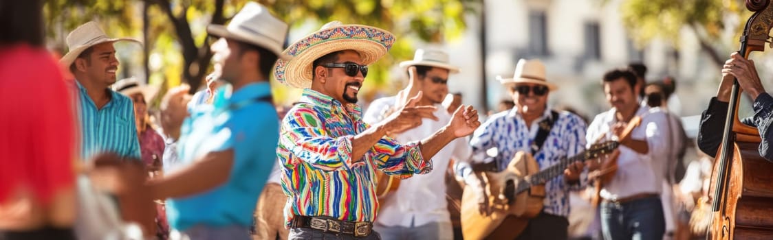 Festive street scene with smiling people in traditional Mexican clothing singing and dancing, AI generated