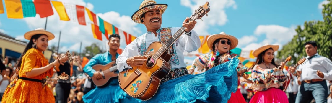 Festive street scene with smiling people in traditional Mexican clothing singing and dancing, AI generated