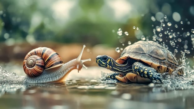 Snail and turtle race in water, splashing towards goals with determination and humor, showcasing perseverance and slow progress