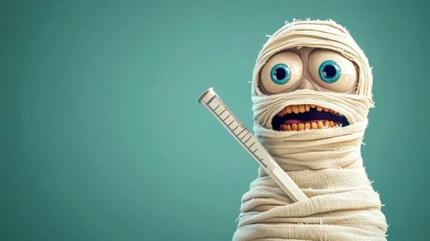 Funny cartoon mummy holds a big thermometer, looking scared with mouth open. Perfect for halloween projects, with a monster like appearance and space for design