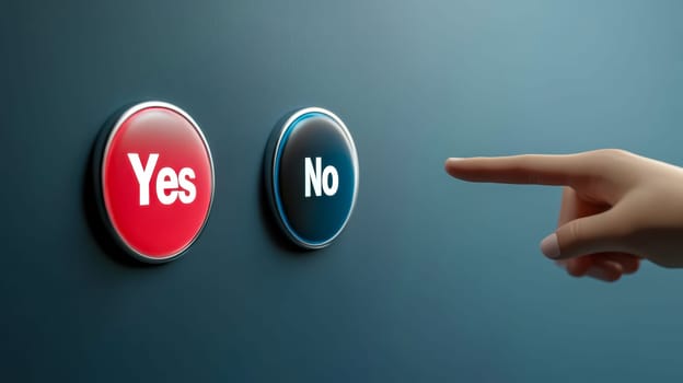 Finger is selecting a round button with the word no on it, representing the concept of making a negative choice. The background is a neutral blue color