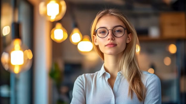 Confident young businesswoman in modern office exudes professionalism. Soft focus lights add elegance, highlighting success and determination