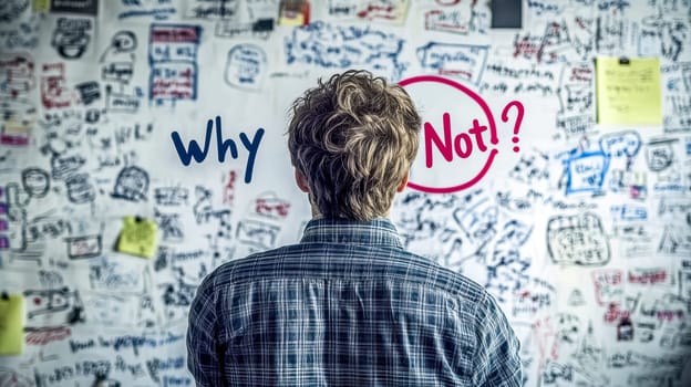 Businessman in a plaid shirt stands in an office, pondering ideas on a whiteboard, seeking solutions for his startup venture