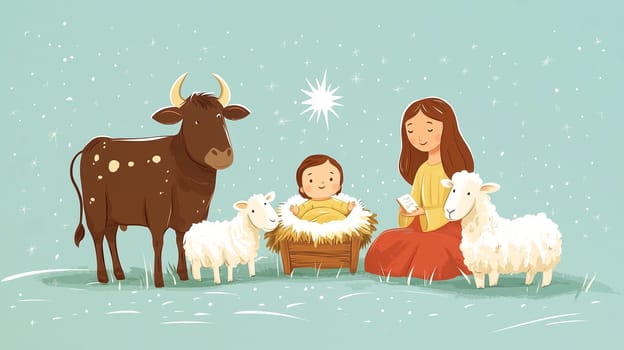 Birth of Jesus Christ in Bethlehem, Mary sitting next to the manger, religion and faith of christianity, bibical story of Christmas, illustration