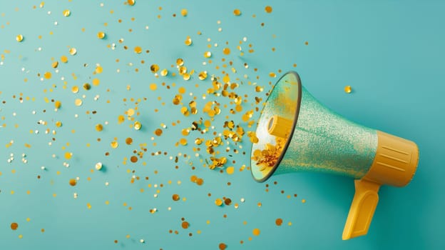 Megaphone with golden confetti, advertising and marketing concept, social media, announce positive and creative idea, discount sale