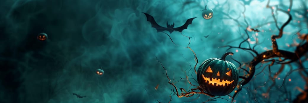 Halloween illuminated carved pumpkin, evil scary face in darkness, candle lit at night, dark background with copy space