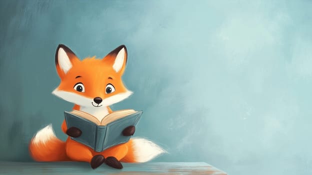 Smart fox is reading a book, fairy tale, tell a story, animal cartoon illustration for children