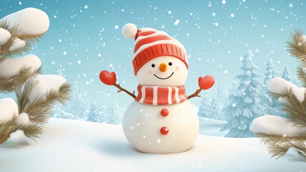 Happy smiling snowman with a wool hat and scarf in a snow covered landscape, christmas holiday, winter season