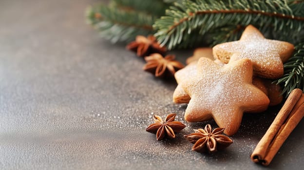 Cinnamon stars, traditional christmas cookies, shortcrust pastry with anise spice for holidays, fir branches